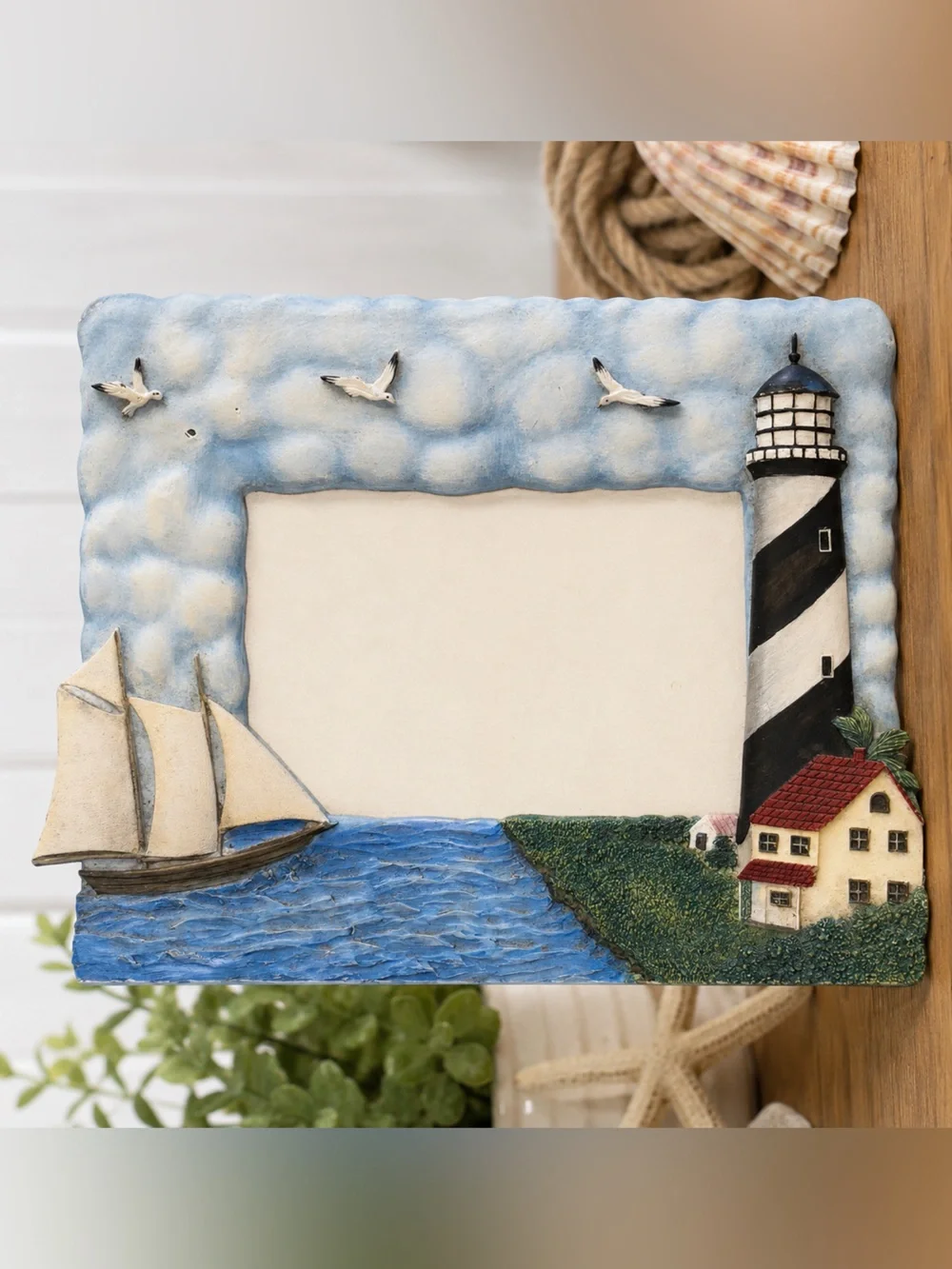 Coastal Lighthouse & Sailboat Picture Frame – Nautical Beach Cottage Photo Frame